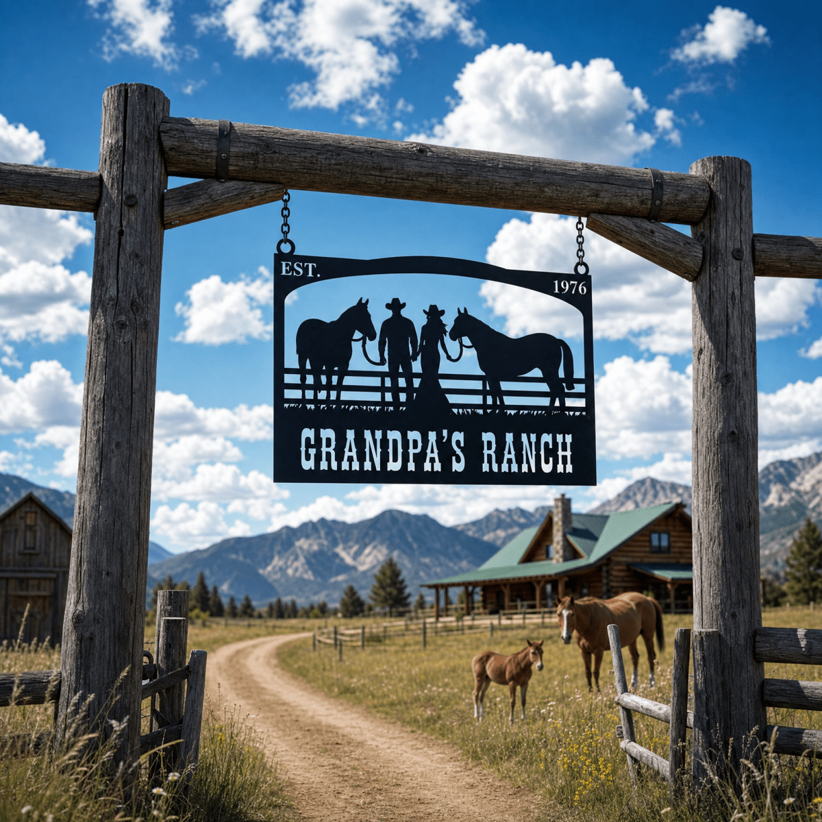 The Andrew Custom Metal Farm Sign - Cowboy and Horses Metal Farm Sign - BrossHome Metal Wall Art