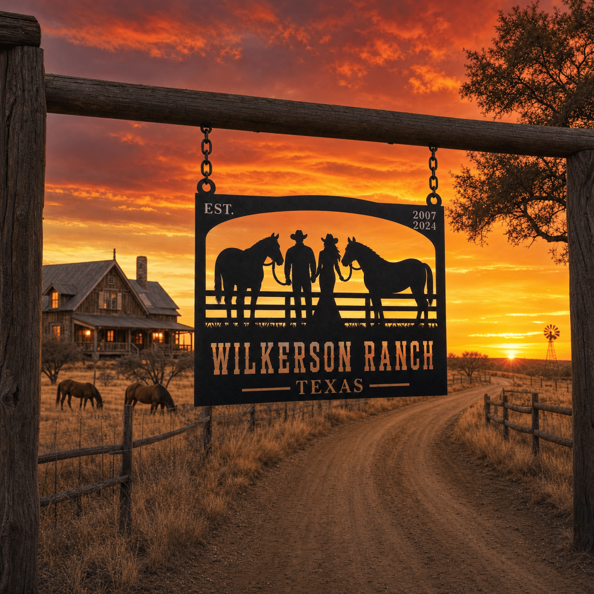 The Andrew Custom Metal Farm Sign - Cowboy and Horses Metal Farm Sign - BrossHome Metal Wall Art
