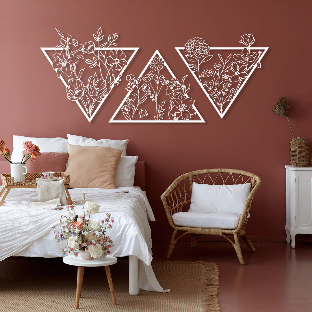 Metal Flower Wall Art in a Large Triangle Frame (Set of 3)