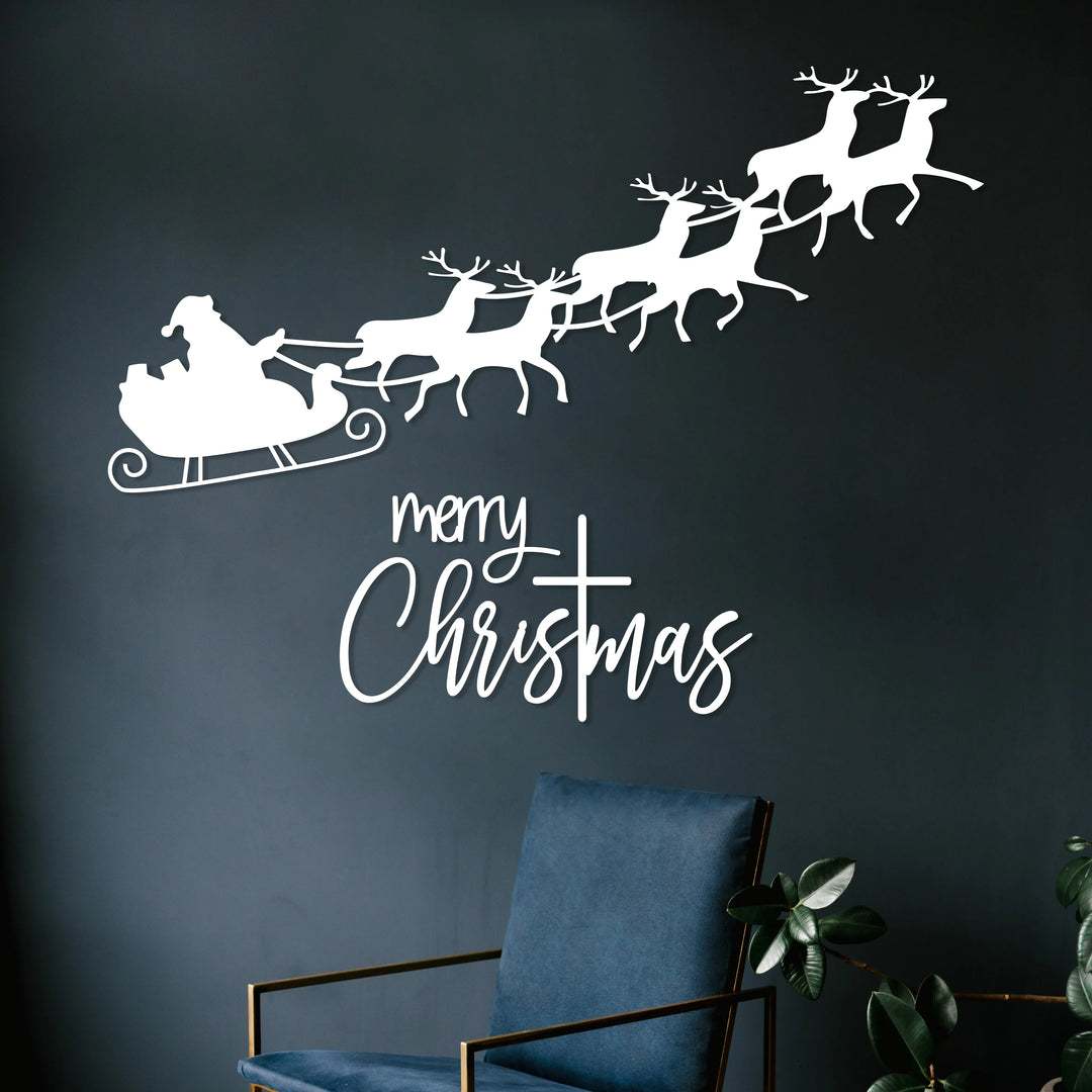 Merry Christmas Metal Wall Art - Santa'S Sleigh Livingroom Decor