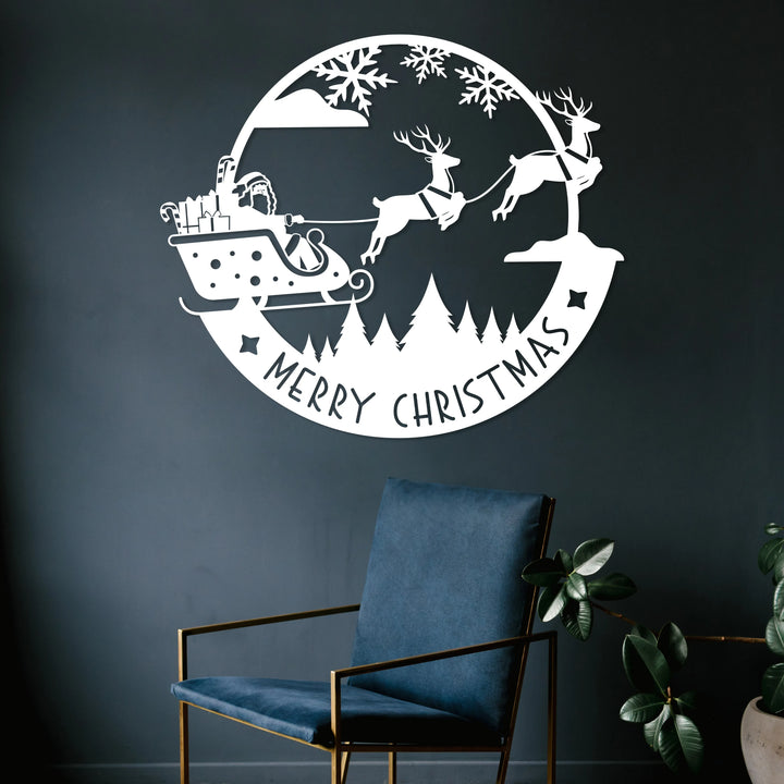 Merry Christmas Metal Wall Art - Santa Riding Sleigh Decor