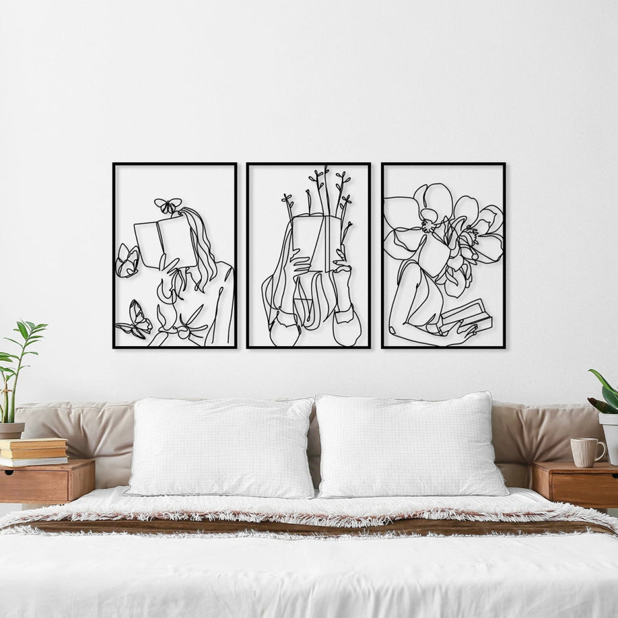 Woman Reading Book Metal Wall Art (Set of 3) - BrossHome Metal Wall Art