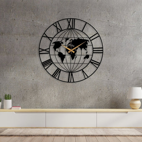 World Map Metal Wall Clock - BrossHome Metal Wall Art