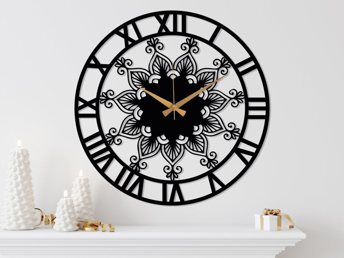 Black Clock Roman Numerals And Mandala Design - BrossHome Metal Wall Art