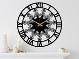 Black Clock Roman Numerals And Mandala Design - BrossHome Metal Wall Art
