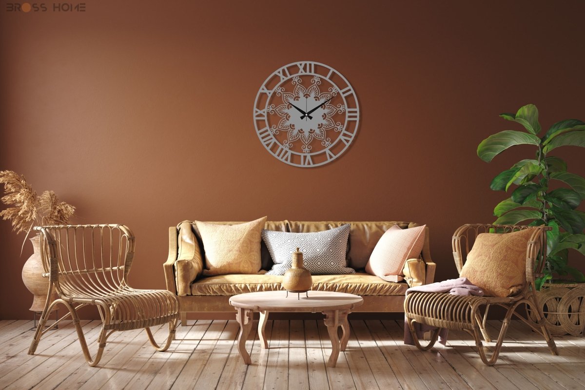 Black Clock Roman Numerals And Mandala Design - BrossHome Metal Wall Art