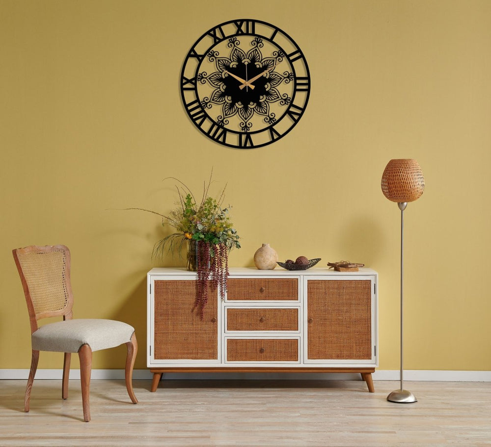 Black Clock Roman Numerals And Mandala Design - BrossHome Metal Wall Art