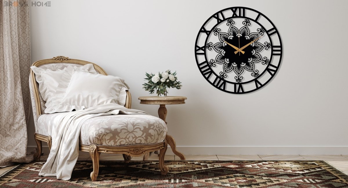Black Clock Roman Numerals And Mandala Design - BrossHome Metal Wall Art