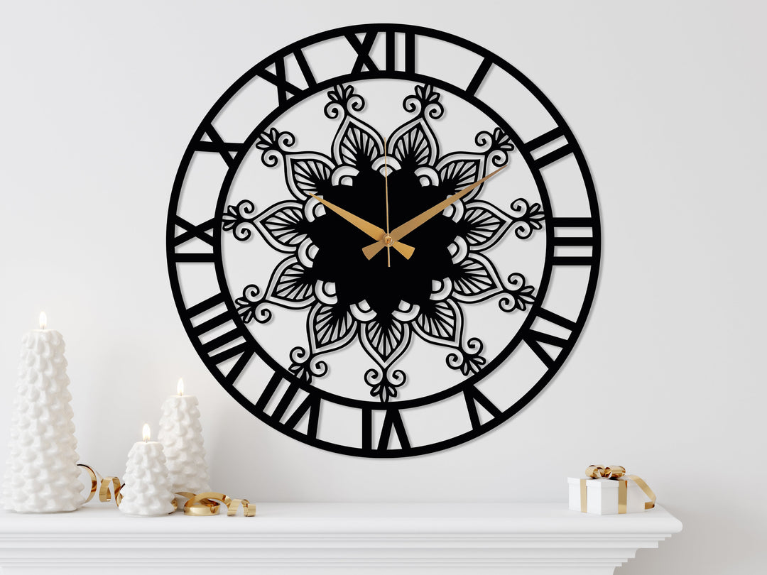 Black Clock Roman Numerals And Mandala Design - BrossHome
