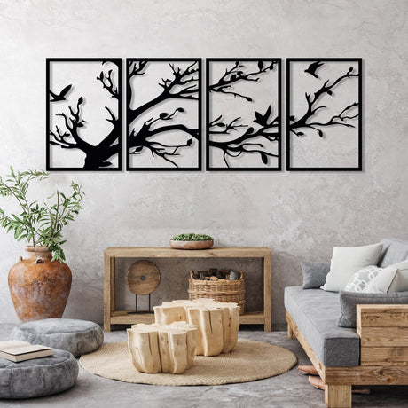 Black Metal Tree Wall Art (4 Panel) - BrossHome Metal Wall Art
