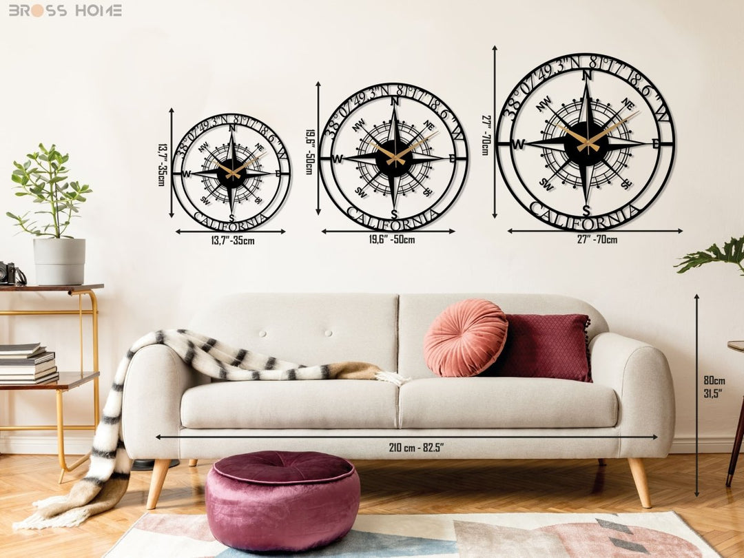 Customized Metal Compass Wall Clock - BrossHome Metal Wall Art