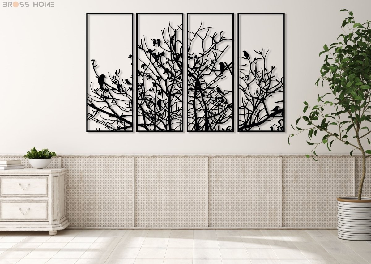 Metal Birds On Branch Wall Decor (Set Of 4) - BrossHome Metal Wall Art