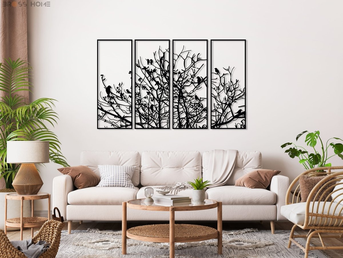 Metal Birds On Branch Wall Decor (Set Of 4) - BrossHome Metal Wall Art