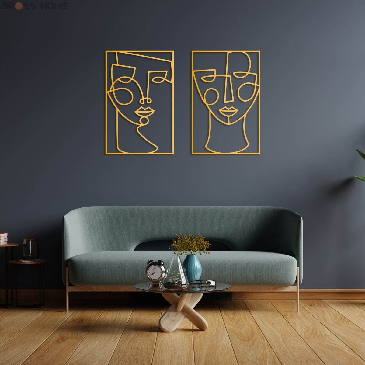Metal Line Female Faces Wall Art (Set Of 2) - BrossHome Metal Wall Art