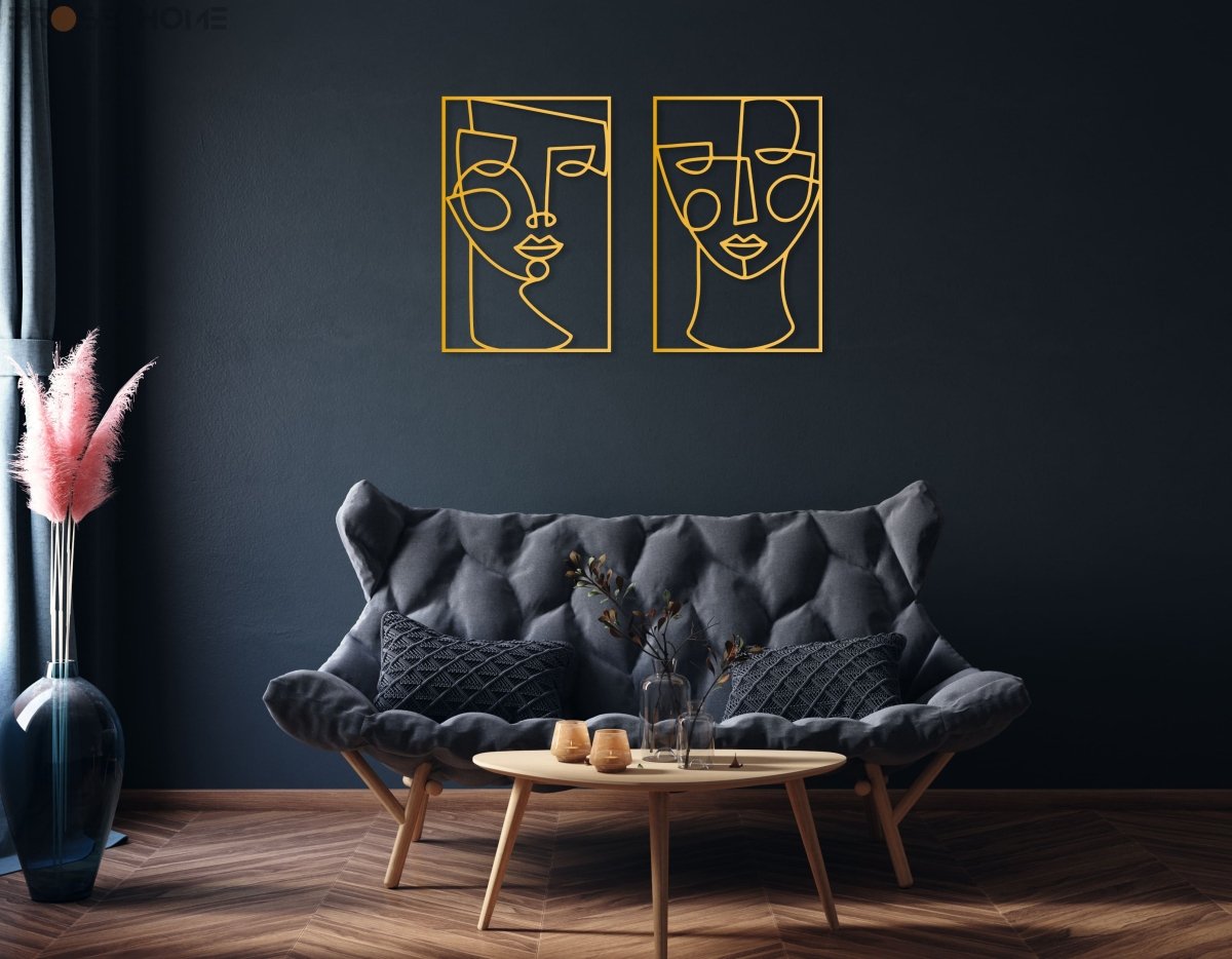 Metal Line Female Faces Wall Art (Set Of 2) - BrossHome Metal Wall Art