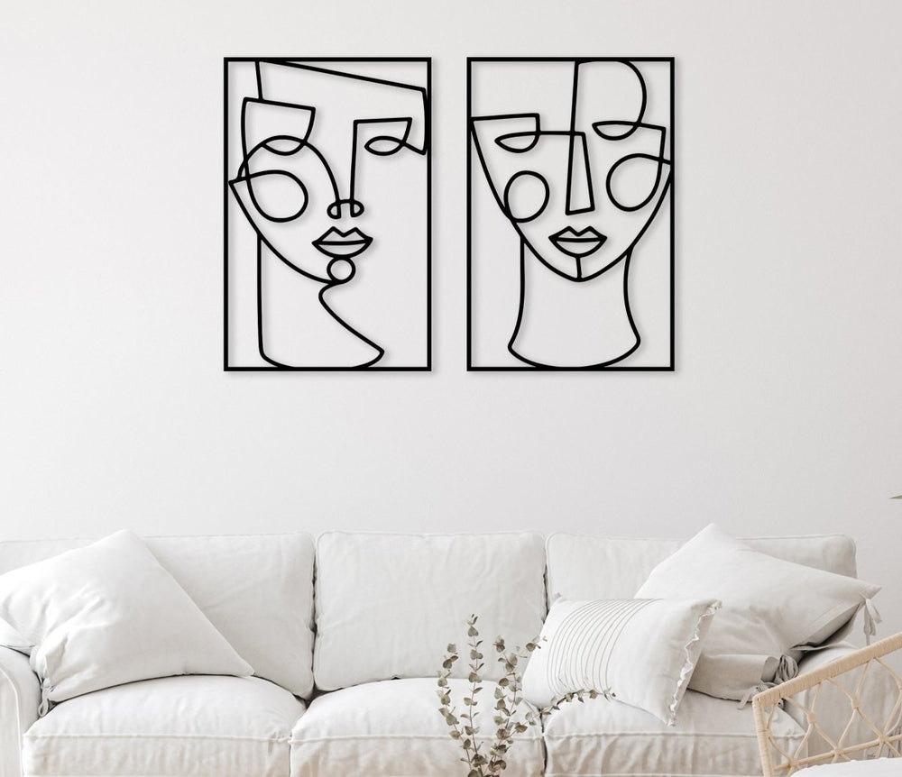 Metal Line Female Faces Wall Art (Set Of 2) - BrossHome Metal Wall Art