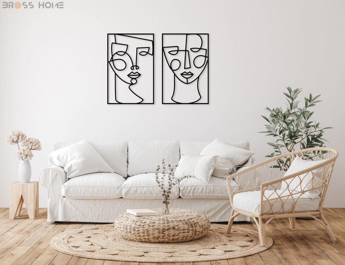 Metal Line Female Faces Wall Art (Set Of 2) - BrossHome Metal Wall Art