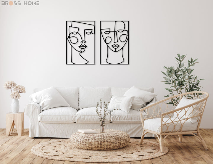 Metal Line Female Faces Wall Art (Set Of 2) - BrossHome