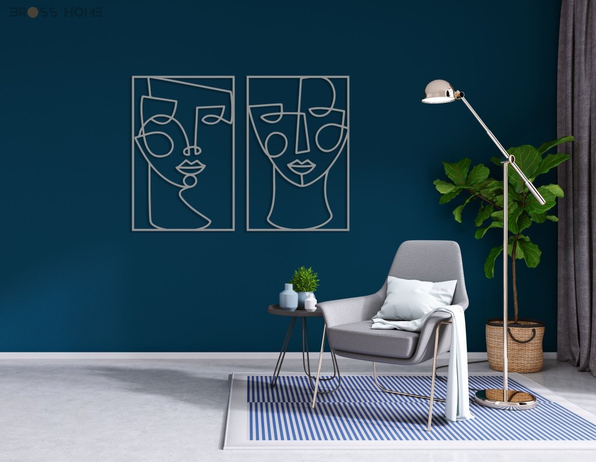 Metal Line Female Faces Wall Art (Set Of 2) - BrossHome Metal Wall Art