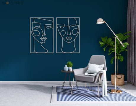Metal Line Female Faces Wall Art (Set Of 2) - BrossHome Metal Wall Art