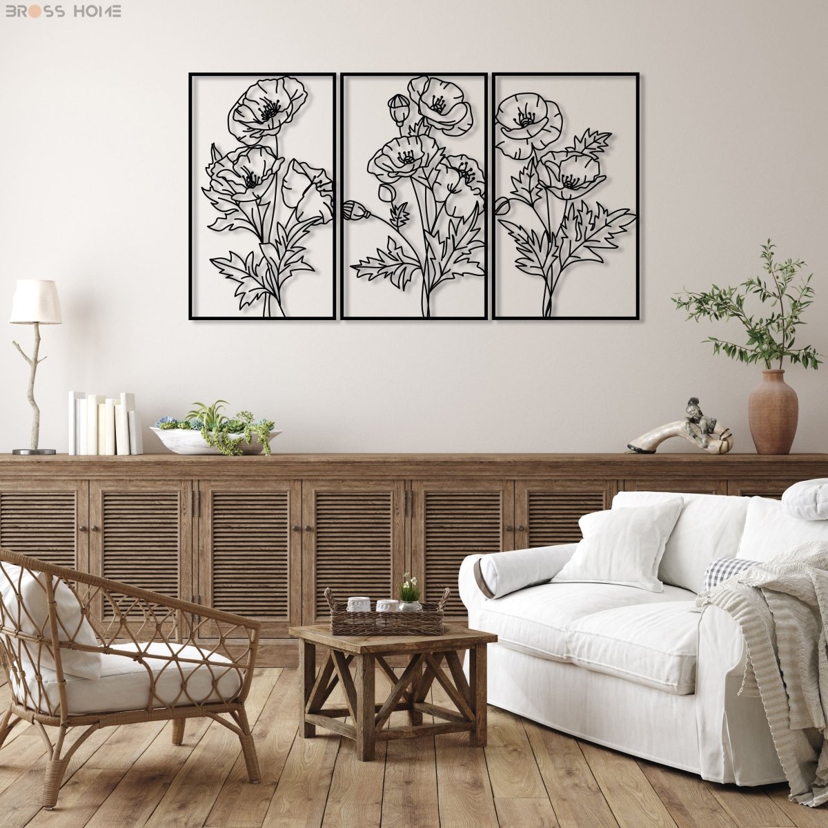 Metal Poppy Wall Decor Art (Set Of 3) - BrossHome Metal Wall Art