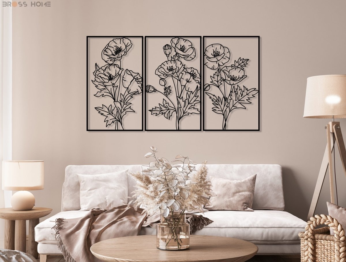 Metal Poppy Wall Decor Art (Set Of 3) - BrossHome Metal Wall Art