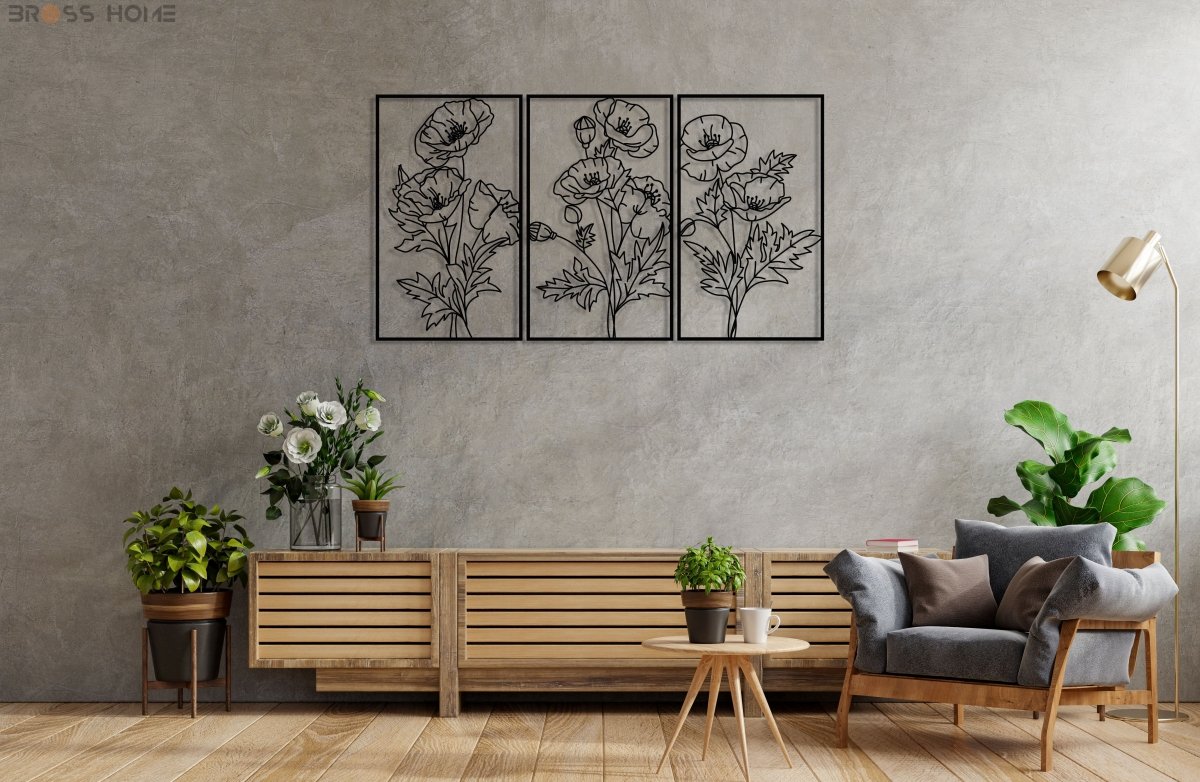 Metal Poppy Wall Decor Art (Set Of 3) - BrossHome Metal Wall Art