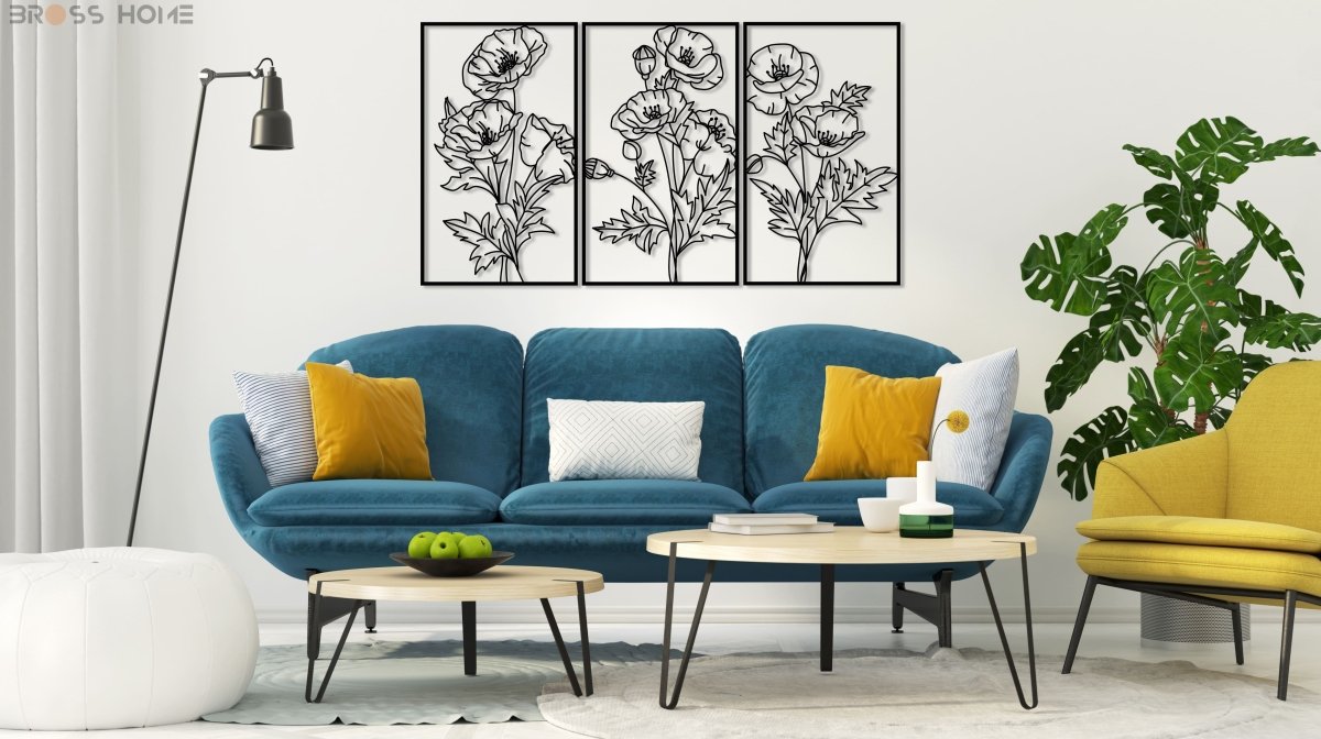Metal Poppy Wall Decor Art (Set Of 3) - BrossHome Metal Wall Art