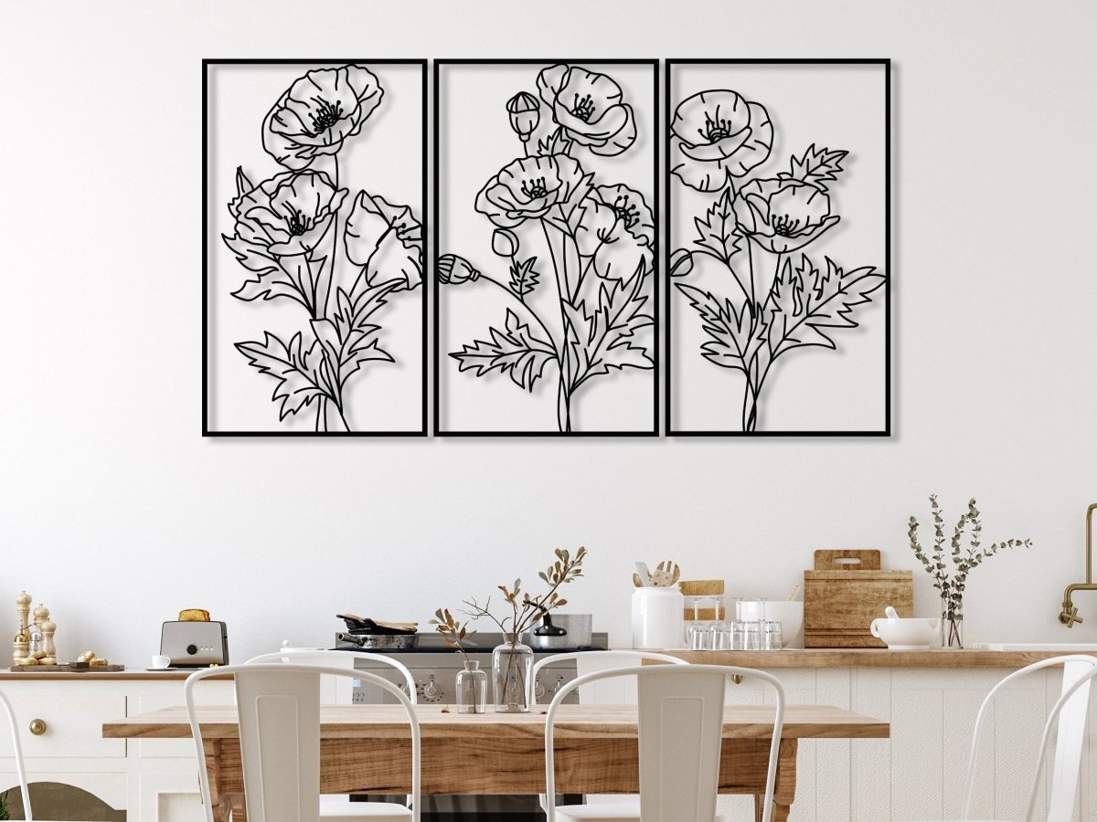 Metal Poppy Wall Decor Art (Set Of 3) - BrossHome Metal Wall Art