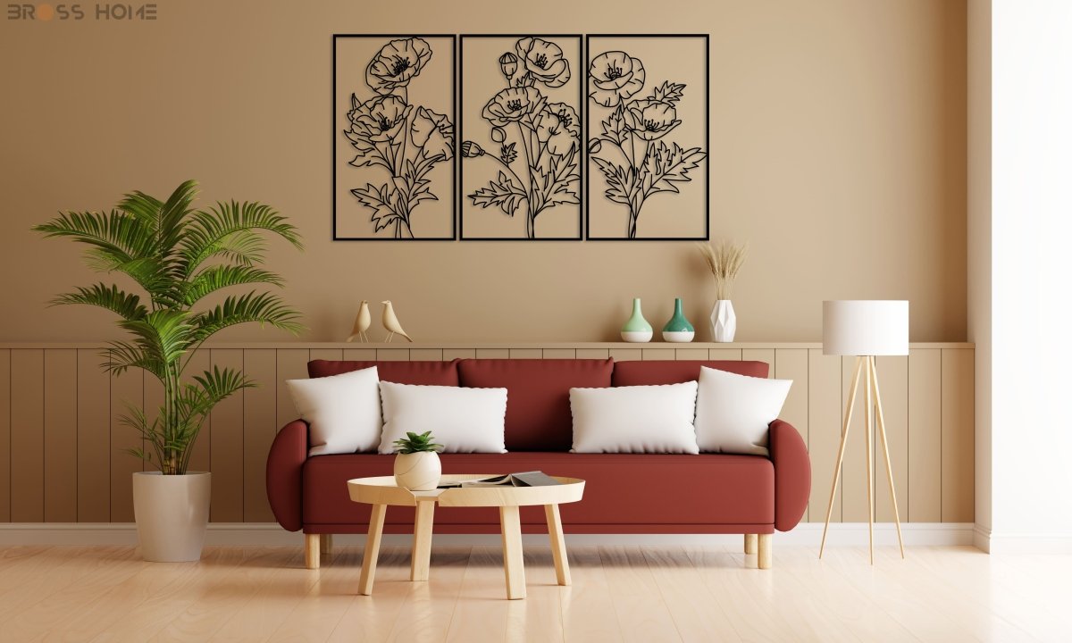 Metal Poppy Wall Decor Art (Set Of 3) - BrossHome Metal Wall Art