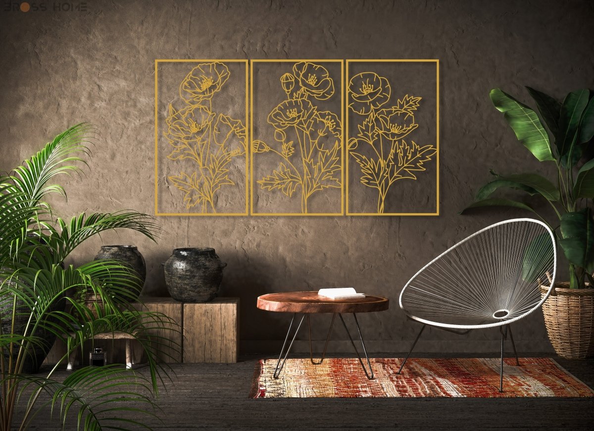Metal Poppy Wall Decor Art (Set Of 3) - BrossHome Metal Wall Art