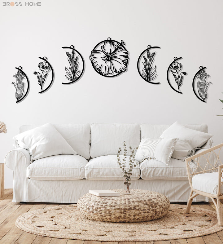 Moon Phases With Flowers Metal Wall Art - BrossHome