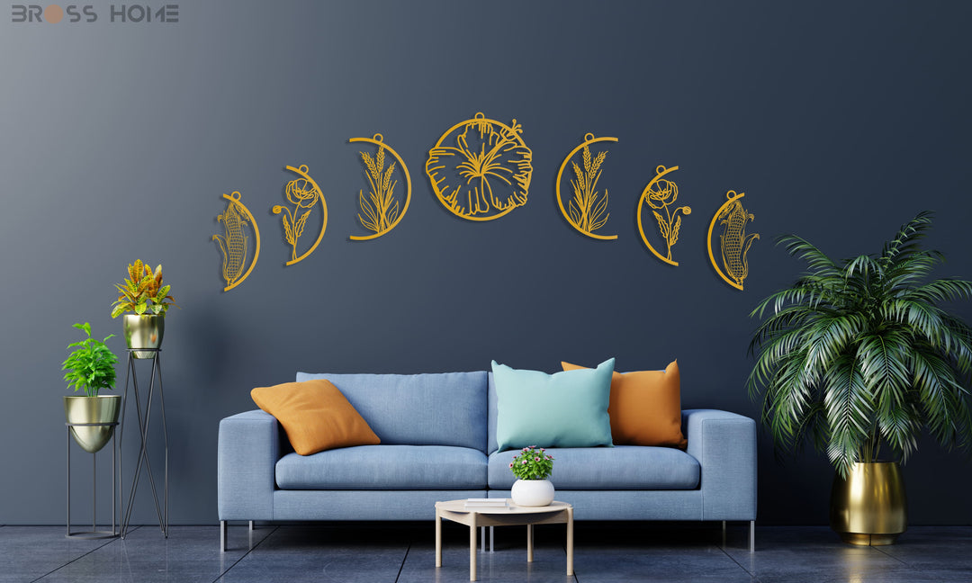 Moon Phases With Flowers Metal Wall Art - BrossHome