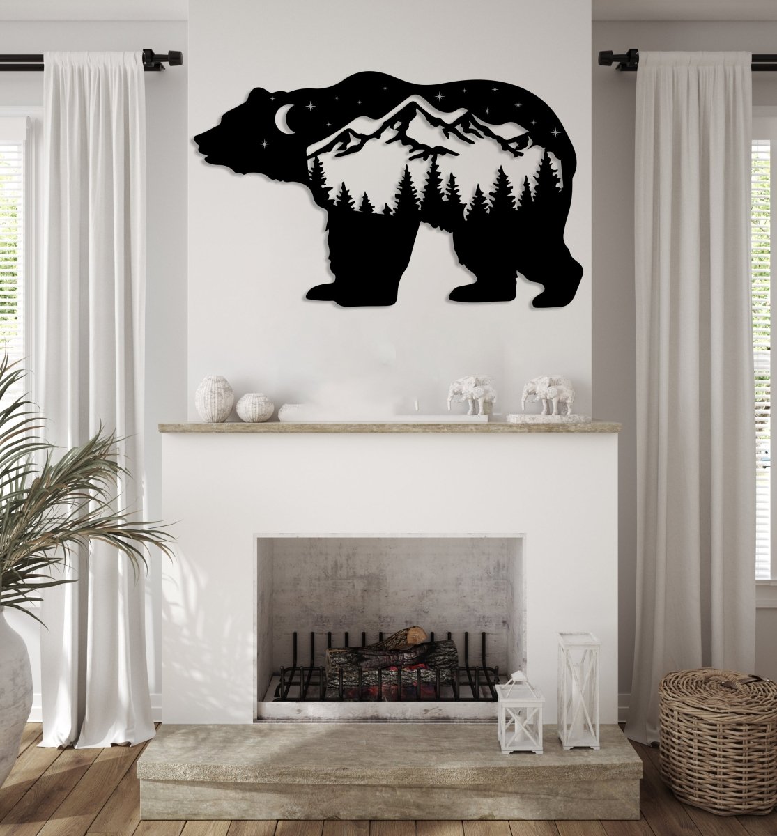 Mountain Black Bear At Starry Night Metal Wall Decor - BrossHome Metal Wall Art