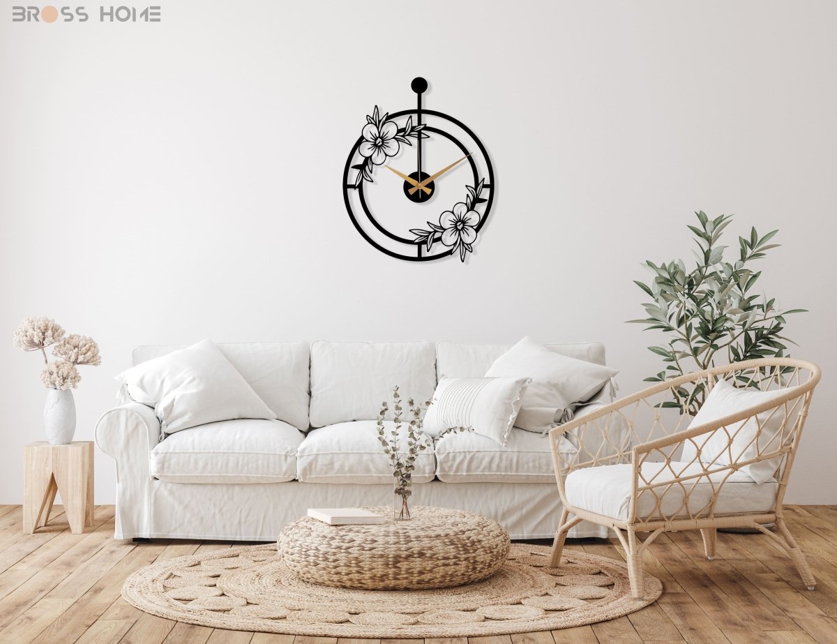 Oversized Minimalist Wall Clock With Flower - BrossHome Metal Wall Art
