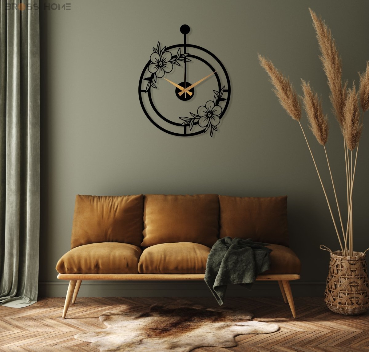 Oversized Minimalist Wall Clock With Flower - BrossHome Metal Wall Art