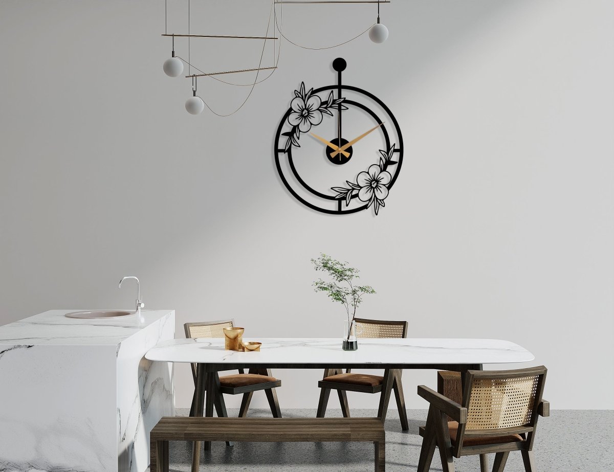 Oversized Minimalist Wall Clock With Flower - BrossHome Metal Wall Art