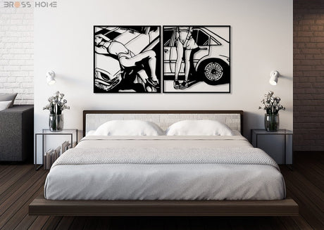 Retro Attractive Woman Car Line Art - BrossHome Metal Wall Art